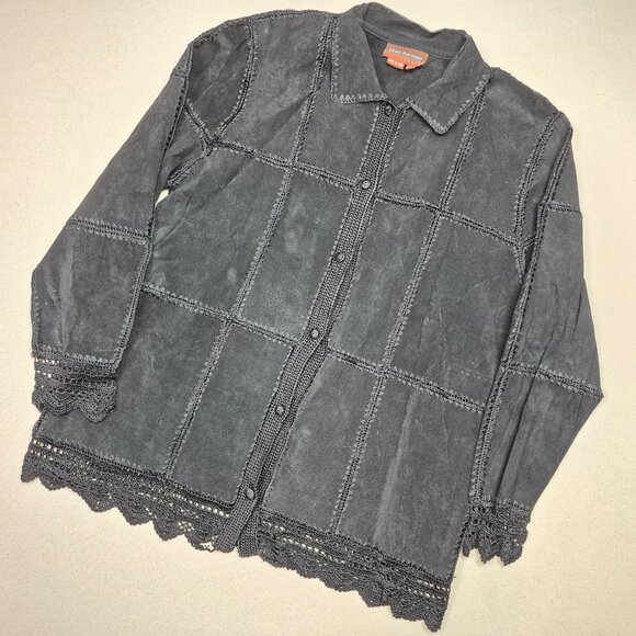 Stan Herman Women's Suede Lace Button Up Boho Jacket Black Hand Sewn VTG Sz L - Picture 1 of 10